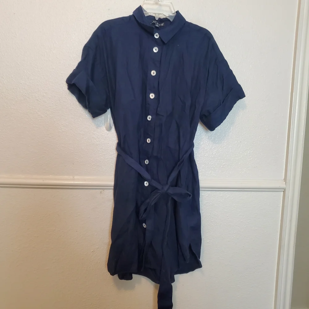 J.Crew Navy Blue Linen Short Sleeve Button Down Belted Mini Shirtdress SP